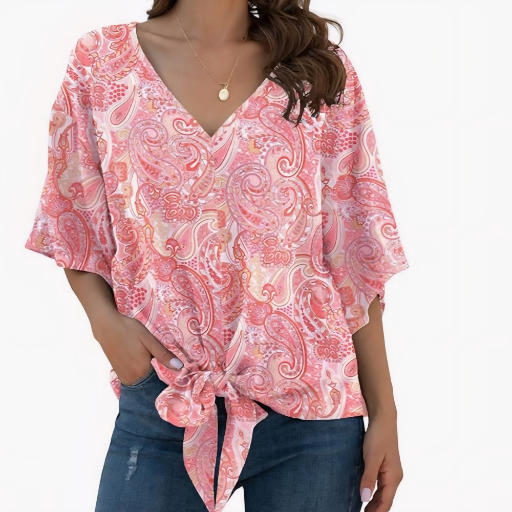 Pink and White 3/4 Sleeve Tie-Front Blouse